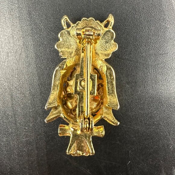 Vintage Owl Brooch Pin Orange Beads Gold Tone Whimsical Retro Jewelry Kitschy - Picture 4 of 7